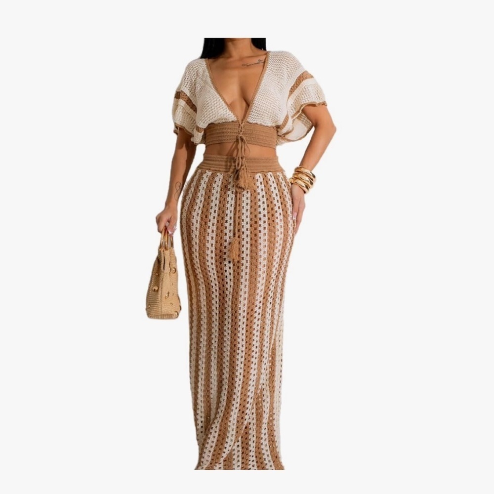 Amazon Tan and Cream Crochet Pencil Skirt